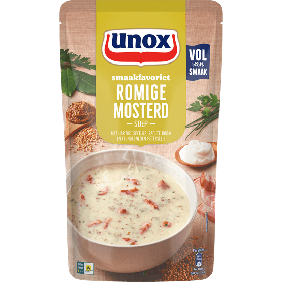 Foto van Unox Soep in zak romige mosterdsoep op witte achtergrond