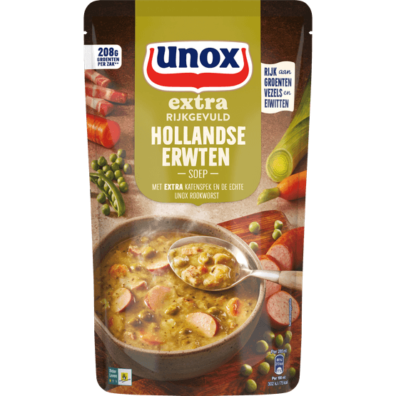 Foto van Unox Soep in zak erwten extra rijkgevuld op witte achtergrond