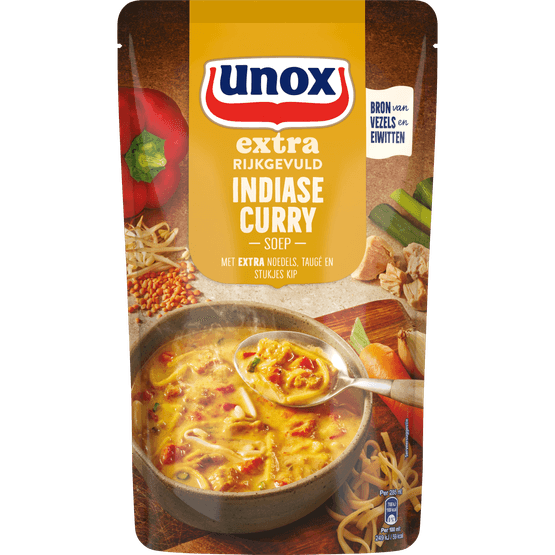 Foto van Unox Curry soep extra rijkgevuld op witte achtergrond