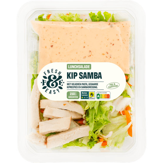 Foto van Fresh & easy Lunchsalade kip samba op witte achtergrond
