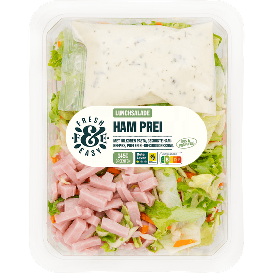 Foto van Fresh & easy Lunchsalade ham prei op witte achtergrond
