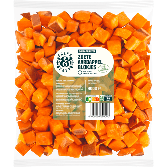 Foto van Fresh & easy Ovengroente zoete aardappelblokjes op witte achtergrond