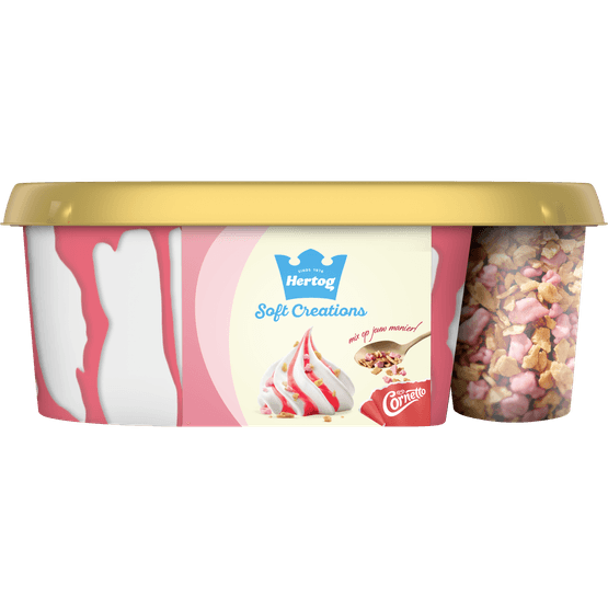 Foto van Hertog Softijs vanille met aardbeiensaus op witte achtergrond