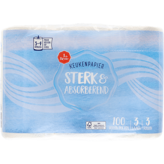 Foto van 1 de Beste Keukenpapier 3 rollen 3 laags op witte achtergrond