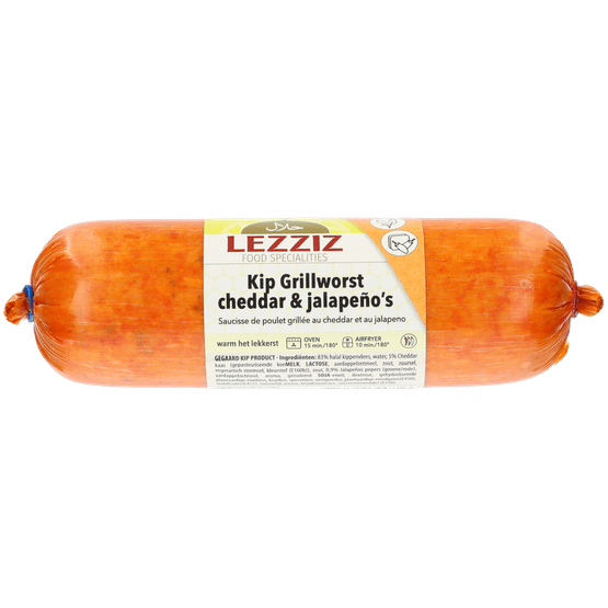 Foto van LEZZIZ Kip grillworst cheddar & jalapeno op witte achtergrond