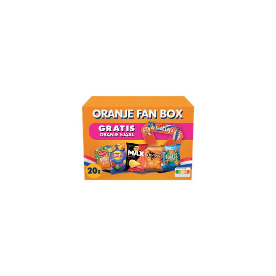Foto van Lay's Chips oranje fan box op witte achtergrond