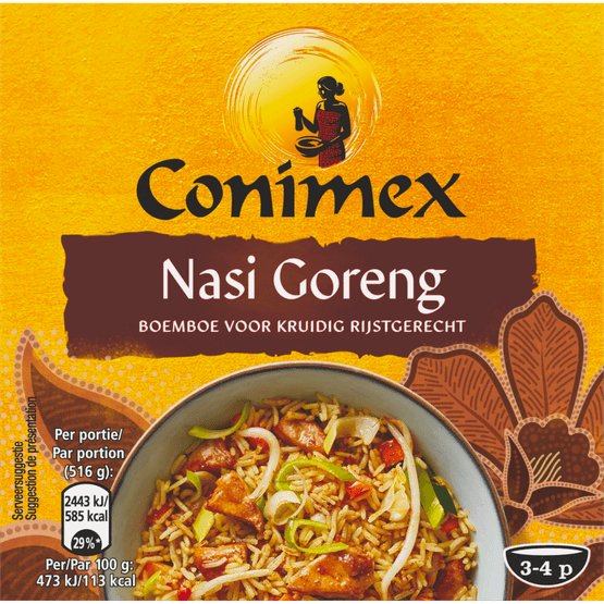 Foto van Conimex Boemboe nasi goreng op witte achtergrond