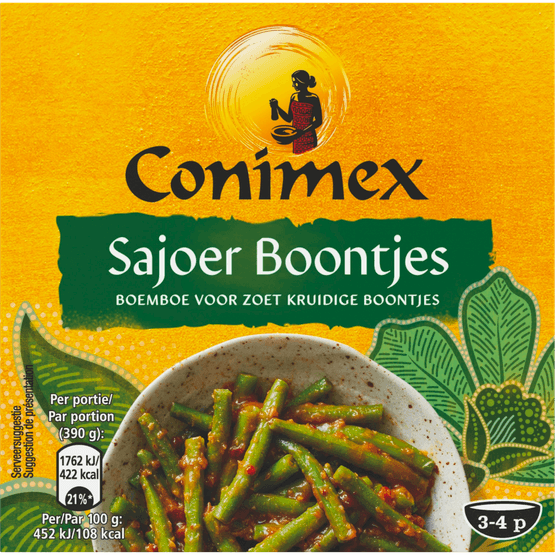 Foto van Conimex Boemboe sajoer boontjes op witte achtergrond