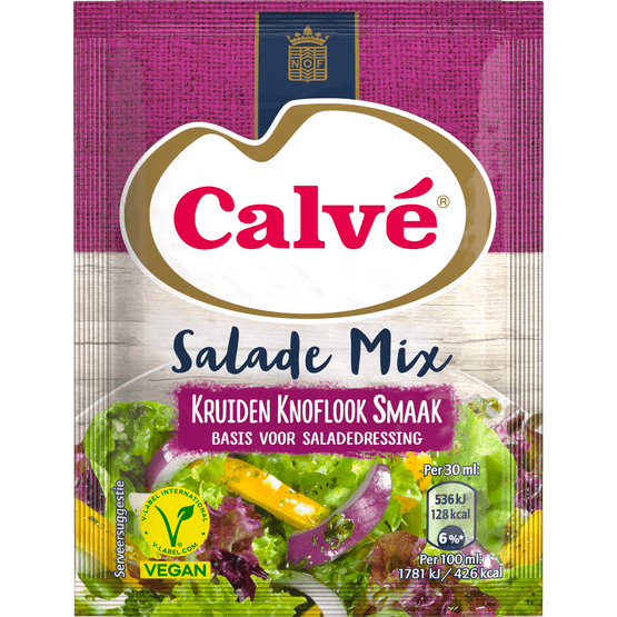 Foto van Calvé Salademix kruiden knoflook op witte achtergrond