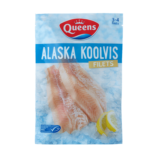 Foto van Queens Alaska koolvisfilet op witte achtergrond