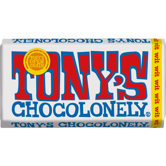 Foto van Tony's Chocolonely wit op witte achtergrond