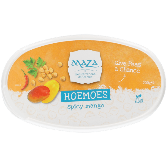Foto van Maza Hoemoes spicy mango op witte achtergrond