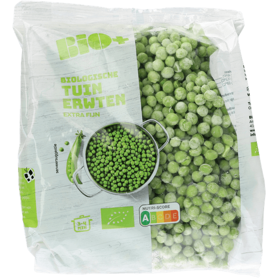Foto van Bio+ Tuinerwten diepgevroren op witte achtergrond