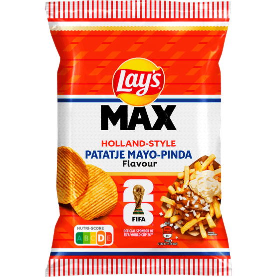Foto van Lay's Ribbelchips max holland patatje pinda mayo op witte achtergrond