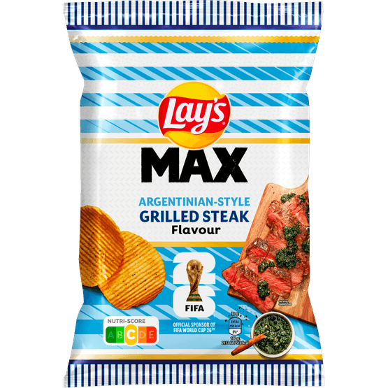 Foto van Lay's Ribbelchips max argentinian style steak op witte achtergrond