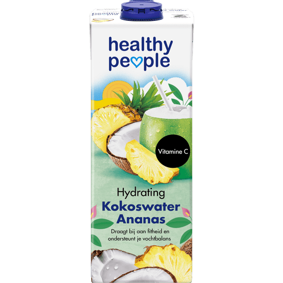 Foto van Healthy People Kokoswater ananas op witte achtergrond
