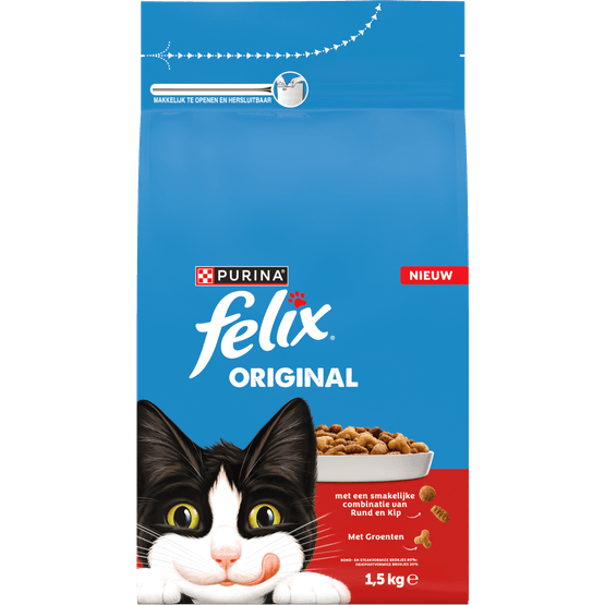 Foto van Felix Kattenvoer original rund kip met groenten op witte achtergrond