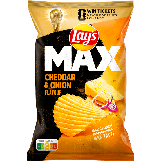 Foto van Lay's Chips max cheddar onion op witte achtergrond