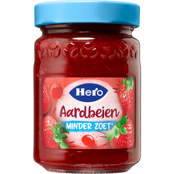 Foto van Hero Jam 40% minder zoet aardbei op witte achtergrond