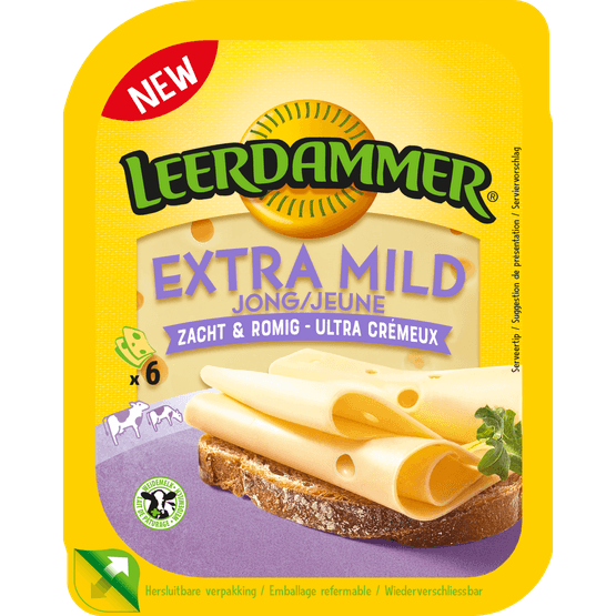Foto van Leerdammer Kaas extra mild 50+ plakken op witte achtergrond