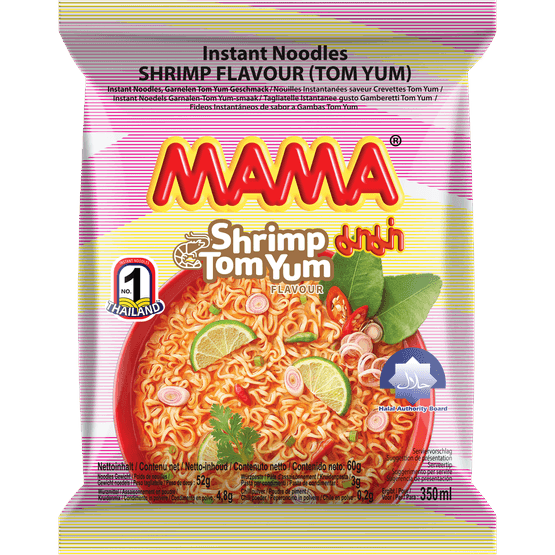Foto van Mama Noodles garnaal op witte achtergrond