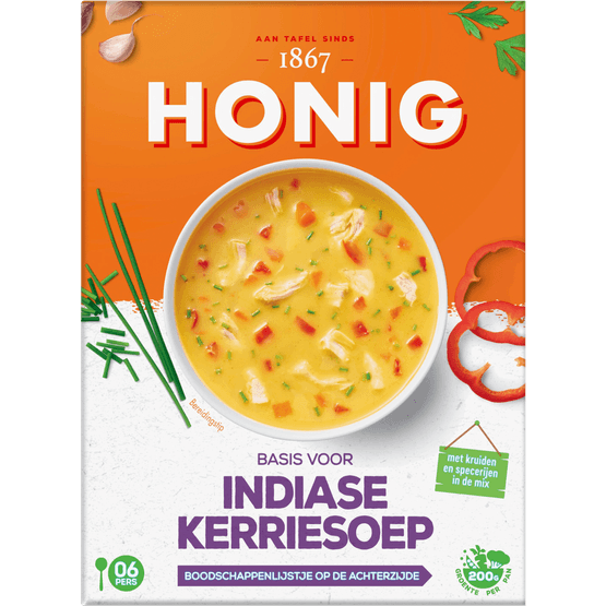 Foto van Honig Kerriesoep indiase op witte achtergrond