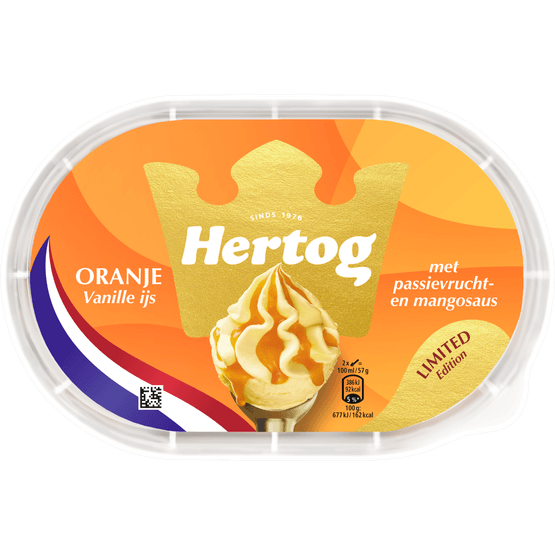 Foto van Hertog Ijs oranje vanille op witte achtergrond
