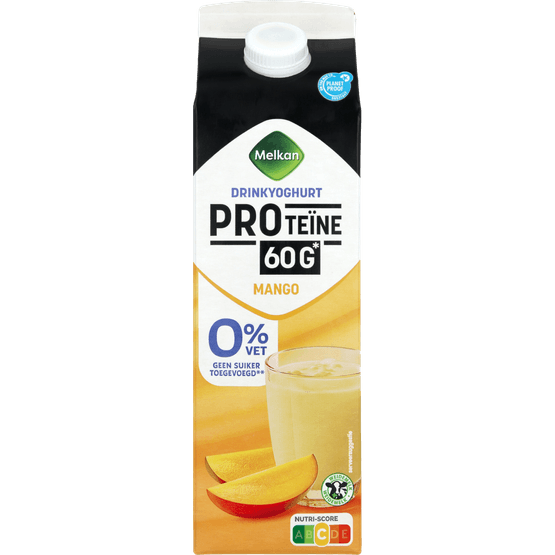 Foto van Melkan Drinkyoghurt proteine mango op witte achtergrond