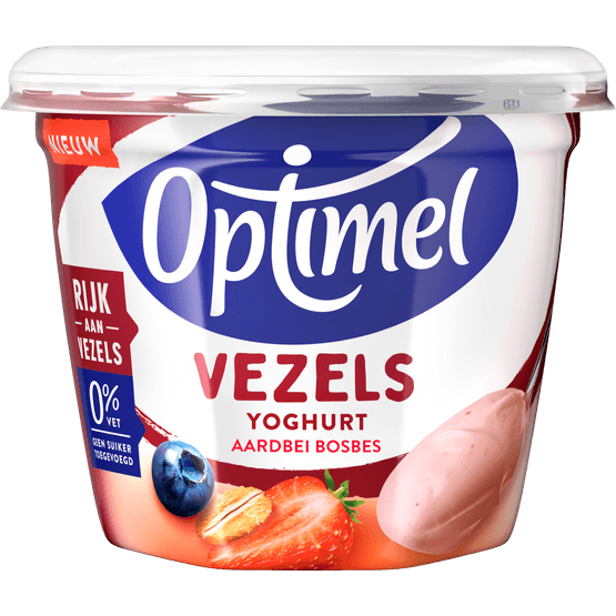 Foto van Optimel Yoghurt vezels aardbei bosbes op witte achtergrond