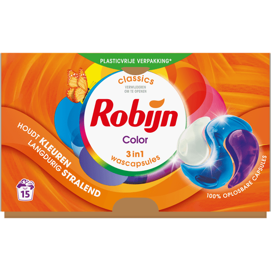 Foto van Robijn Vloeibaar wasmiddel 3 in 1 caps. color op witte achtergrond