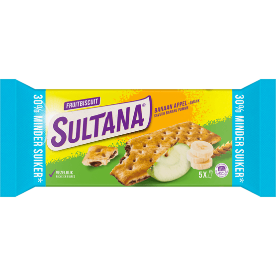 Foto van Sultana Fruitbiscuits banaan appel 30% op witte achtergrond