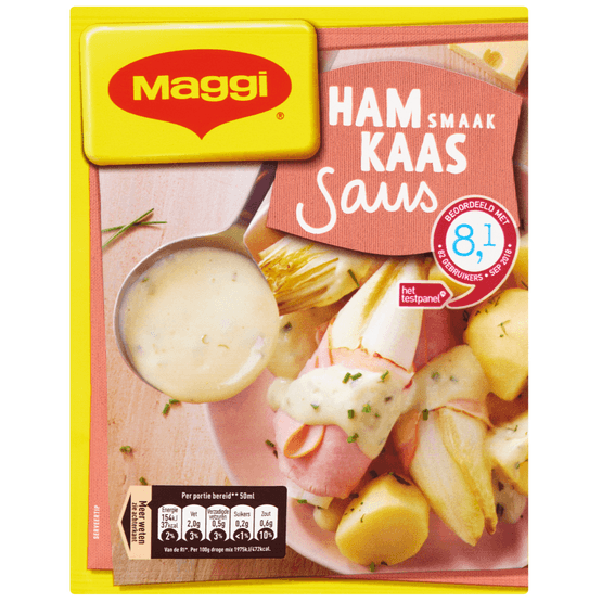 Foto van Maggi Ham-kaassaus op witte achtergrond
