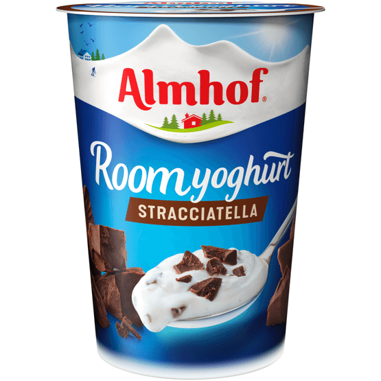 Foto van Almhof Roomyoghurt stracciatella op witte achtergrond