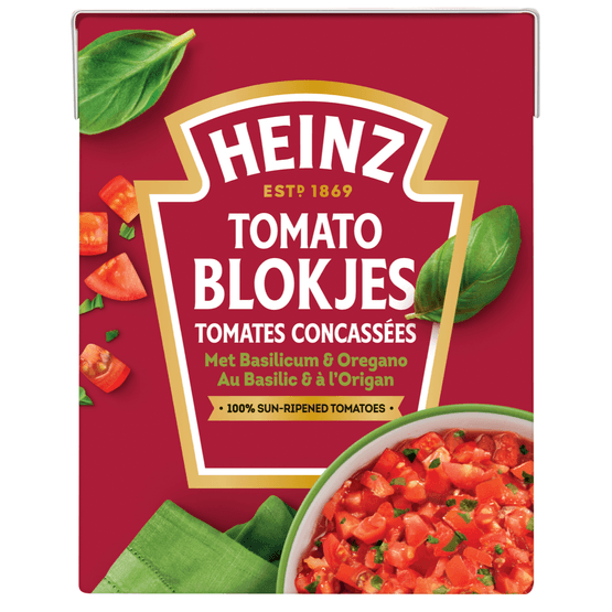 Foto van Heinz Tomaten blokjes basilicum-oregano op witte achtergrond