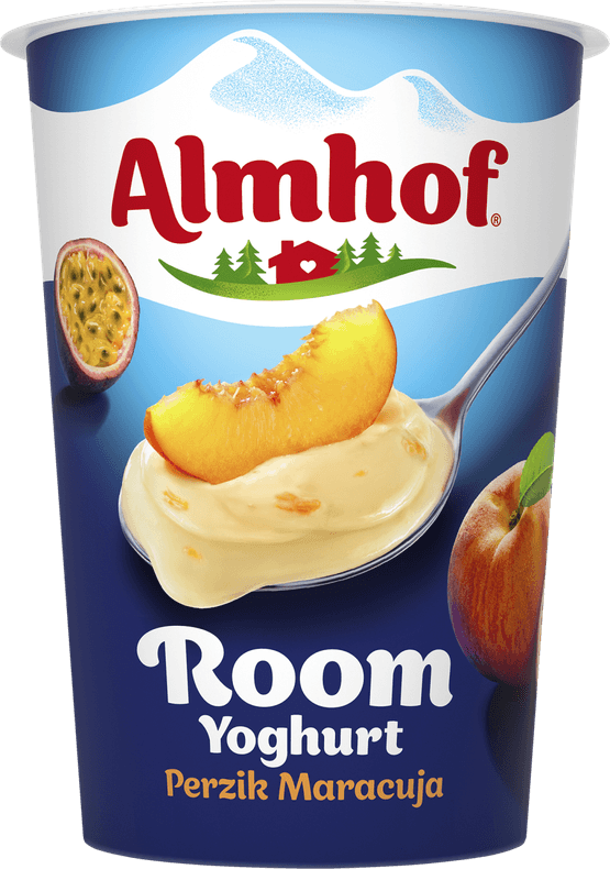 Foto van Almhof Roomyoghurt perzik - maracuja op witte achtergrond