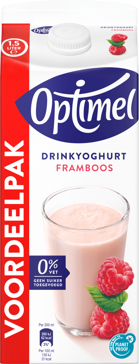 Foto van Optimel Drinkyoghurt voordeelverpakking framboos 0% vet op witte achtergrond