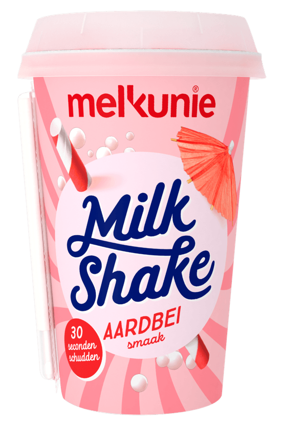 Foto van Melkunie Milkshake aardbei op witte achtergrond