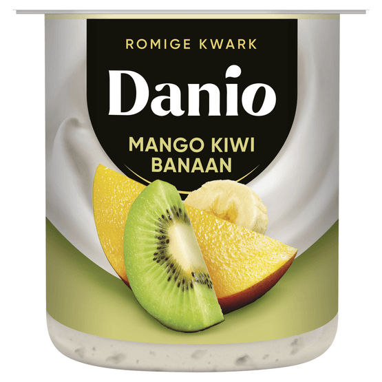 Foto van Danio Romige kwark mango kiwi banaan op witte achtergrond