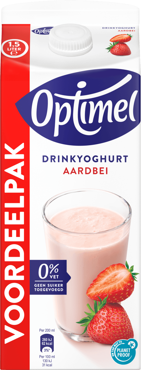 Foto van Optimel Drinkyoghurt voordeelverpakking aardbei 0% vet op witte achtergrond