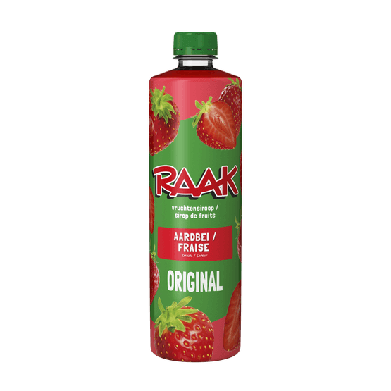 Foto van Raak Limonadesiroop aardbei op witte achtergrond