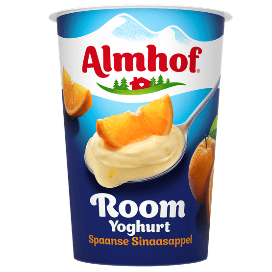 Foto van Almhof Roomyoghurt Spaanse sinaasappel op witte achtergrond
