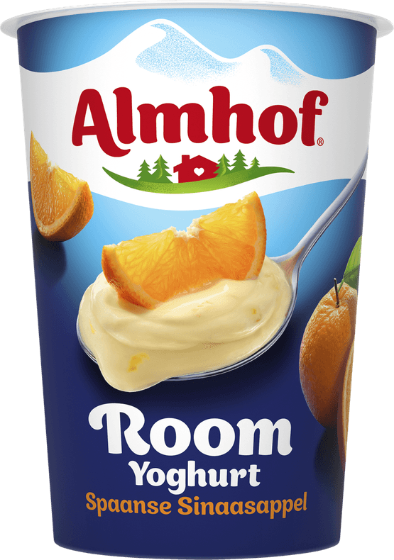 Foto van Almhof Roomyoghurt Spaanse sinaasappel op witte achtergrond