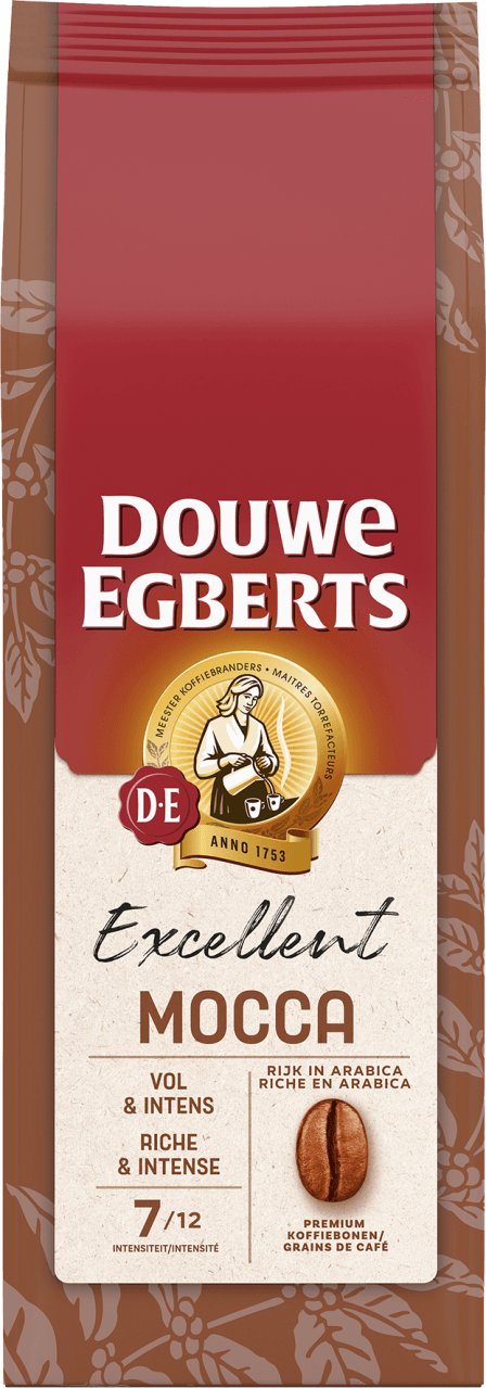 Foto van Douwe Egberts Aroma Variaties Mocca koffiebonen op witte achtergrond