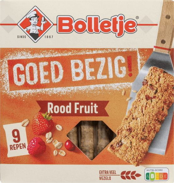 Foto van Bolletje Goed bezig stevige reep rood fruit 9 stuks op witte achtergrond