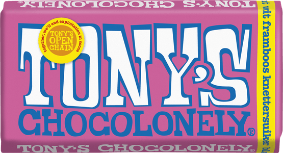 Foto van Tony's Chocolonely wit framboos knettsersuiker op witte achtergrond