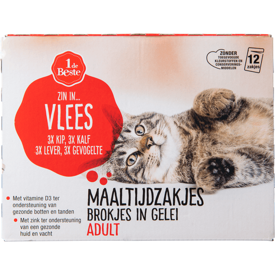 Foto van 1 de Beste Kattenvoer maaltijdzakjes vlees in gelei 12 stuks op witte achtergrond