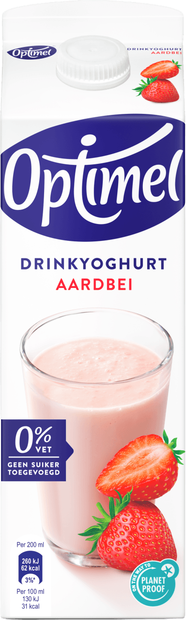 Foto van Optimel Drinkyoghurt aardbei op witte achtergrond