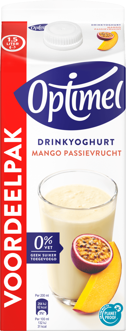 Foto van Optimel Drinkyoghurt mango passievrucht op witte achtergrond