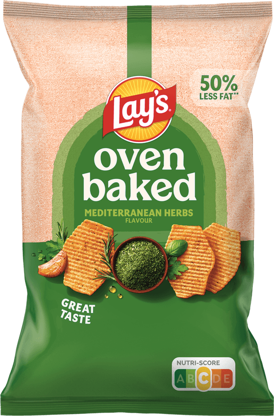Foto van Lay's Oven chips mediterranean herbs op witte achtergrond
