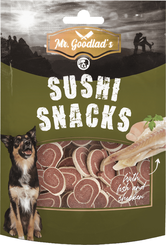 Foto van Mr. Goodlad Sushi snacks op witte achtergrond